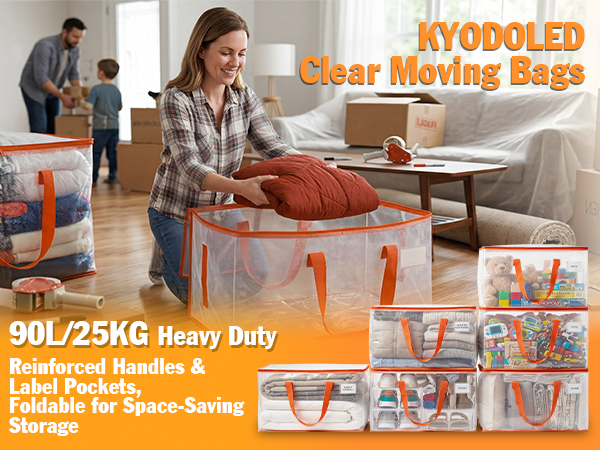 KYODOLED Clear Moving Bags, 90L/25KG Heavy Duty, Reinforced Handles & Label Pockets