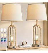 SRJJA Table Lamps for Living Room Set of 2 - Farmhouse Lamps for Night Stands with USB A+C, Bedsi...