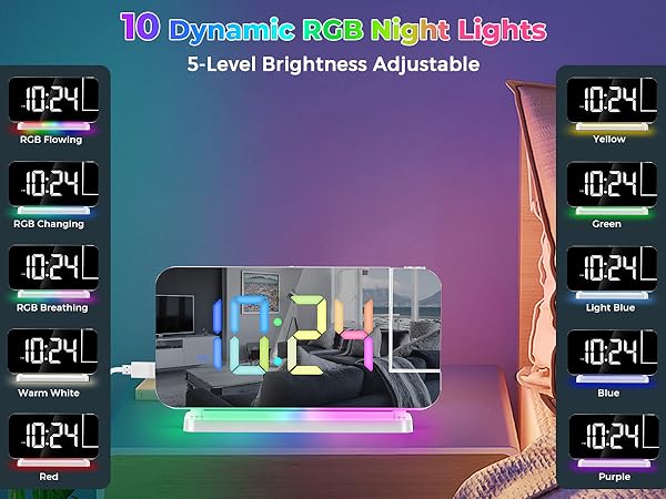 led mirror digital alarm clock with rgb night light