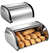 2 Pack Stainless Steel Bread Boxes for Kitchen Counter, Large & Small Drum Style Roll Top Bread H...