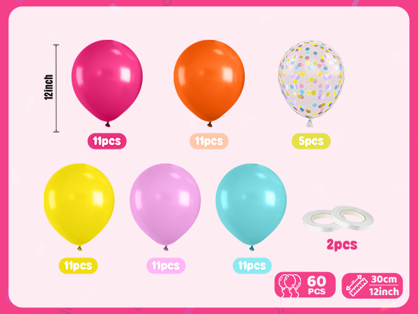 Set of 60 colorful balloons: pink, orange, confetti, yellow, lavender, and teal. Includes 11 of each solid color, 5 confetti, and 2 white balloon clips. Each balloon measures 30cm/12inch.