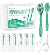 Litlcutie 12 Pack 5 in 1 Disposable Mini Toothbrushes with Toothpaste, Floss, Pick & Tongue Scrap...