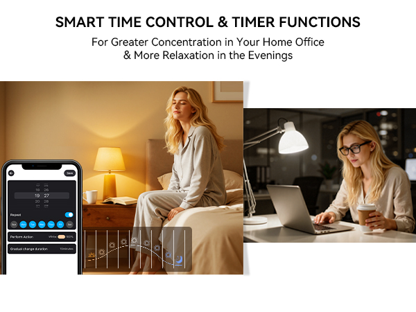 Smart bulb with app-controlled timer, ideal for wake-up, home office focus, and bedtime relaxation