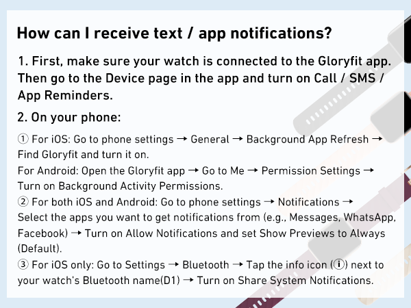 Guide to receive text and app alerts on smartwatch via Gloryfit app. iOS & Android settings.