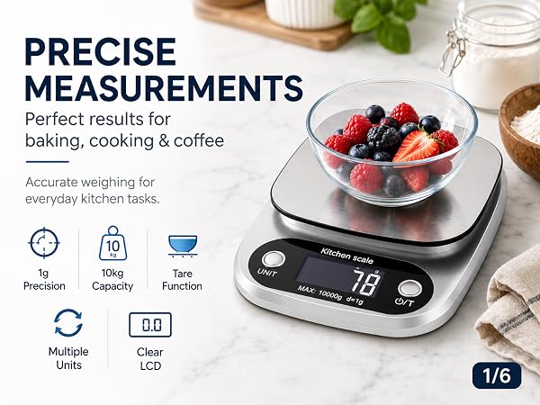 Digital kitchen scale for precise weighing in baking, cooking, and coffee preparation.