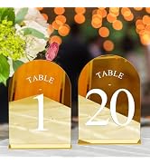 JOYIT Arch Wedding Table Numbers 1-20 with Stands – 5" X 7" Acrylic Mirrored Gold Table Number Ho...
