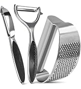 Garlic Press Rocker + 2-Pack Vegetable & Potato Peelers Set, 304 Stainless Steel Garlic Mincer wi...