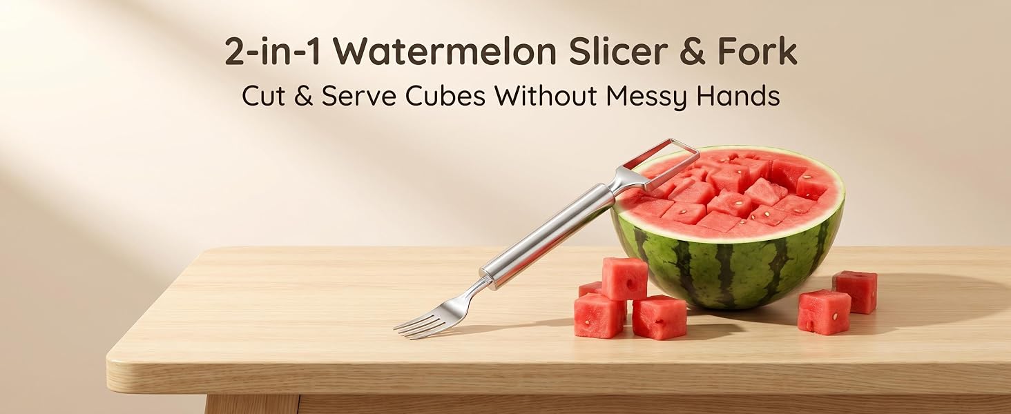 This slicer & fork combo keeps surfaces clean. Perfect for BBQs & potlucks.