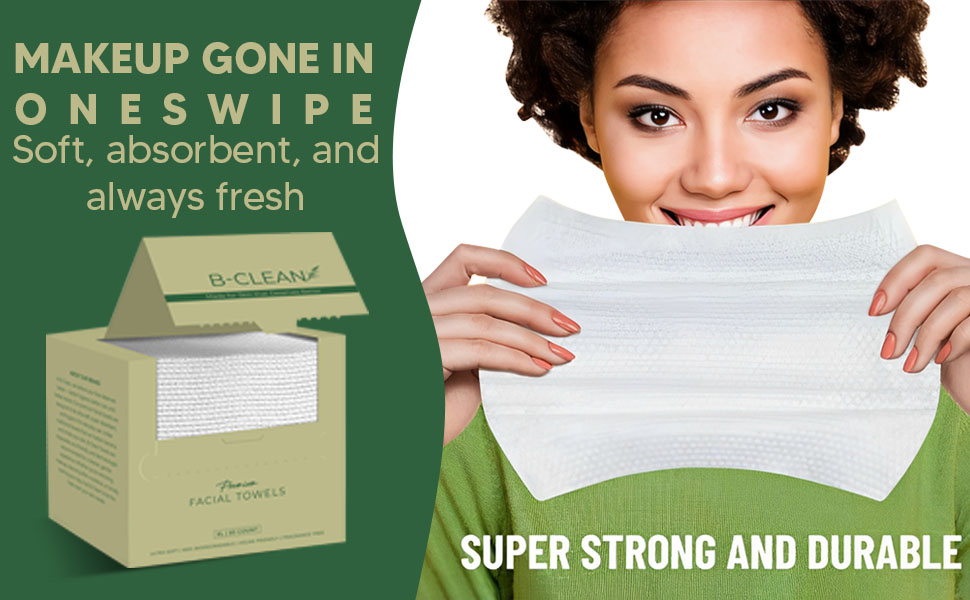 Smiling woman holding soft white B-CLEAN facial towel with bold text about easy makeup removal.