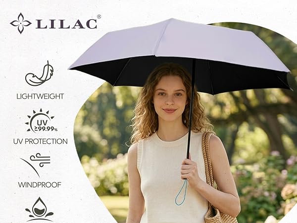 Text reads 'LILAC' brand name with icons indicating 'LIGHTWEIGHT,' 'UV PROTECTION,' 'WINDPROOF.' Woman holding black and white compact umbrella in outdoor setting.