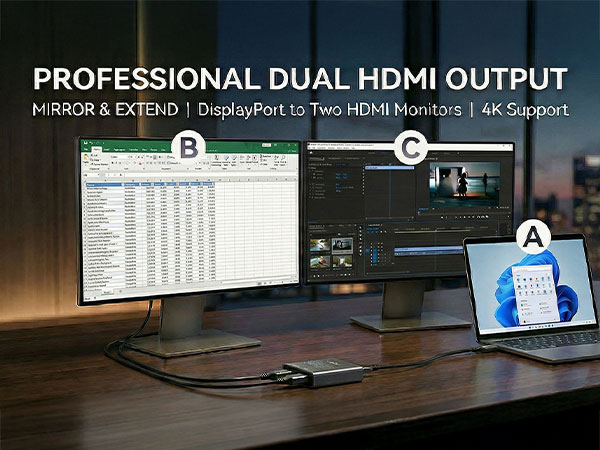 UPTab Display Port to Dual HDMI 2-Port Monitor