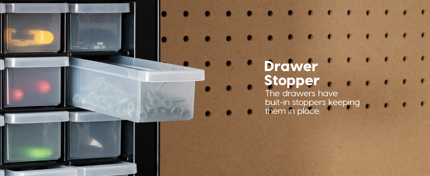 Drawer parts cabinet showcasing drawer stopper to keep from falling out