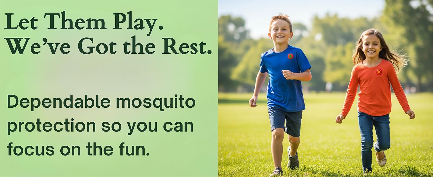 Two children running in a park wearing mosquito repellent patches for outdoor protection