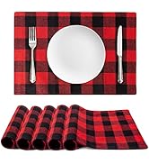 HAKACC 6 PCS 19"x12" Christmas Holiday Placemats Buffalo Plaid Placemats Red Black Reversible Pla...