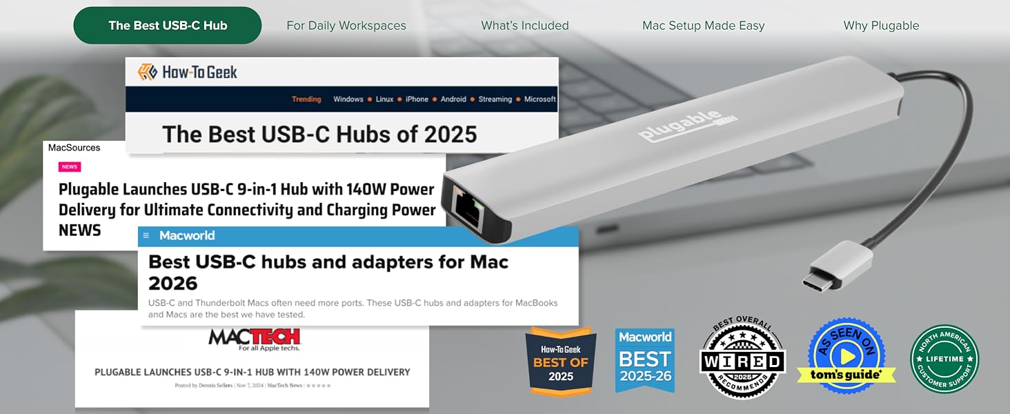 Plugable macbook usb hub with awards and visible USB HDMI card and Ethernet ports