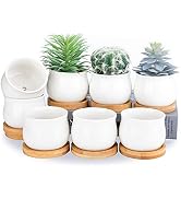 SHECIPIN Succulent Plant Pot, White Mini 2.6 inch Ceramic Flower Planter Pot with Bamboo Tray, Pa...