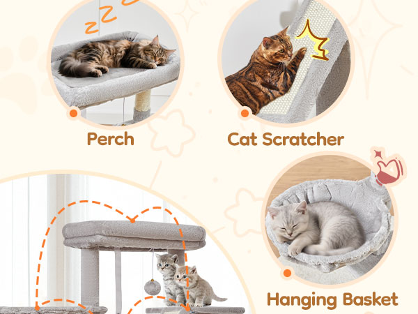 Text reads 'Perch', 'Cat Scratcher', 'Hanging Basket'. Infographic showing cat furniture features including perch, scratcher, and round basket bed.