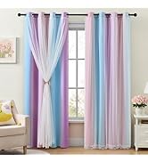 XiDi Blackout Curtains with Sheer Overlay for Girls Bedroom 2 Panels 63 Inches Long Double Layer ...