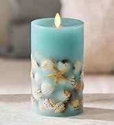Luminara Flameless LED Candle Soft Teal Embedded Seashell & Starfish Moving Flame Pillar Unscente...