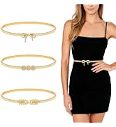 Nalkuwmsic 3 Pieces Women's Skinny Metal Waist Belt Set, Elastic Stretchy Gold Cinch Belts for Dr...