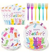 G1ngtar 96Pcs Easter Bunny Peeps Party Plates Supplies - Happy Easter Rabbits Party Tableware Dec...