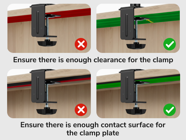 Ensure enough clamp clearance and contact surface for secure dual monitor desk mount install
