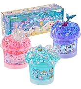 3 x 100mL Ocean Slime Kit for Girls & Boys: Mermaid Bead, Pink Crunchy & Blue Clear Slime, Sensor...