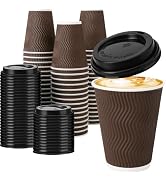 Huifany 12 oz Insulated Disposable Paper Coffee Cups with Lids 50 Pack | Triple Ripple Wall Reduc...