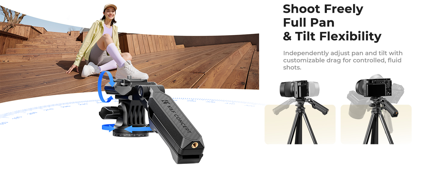 full pan & tilt flexibility. Independently adjust pan/tilt with customizable drag for fluid shots.
