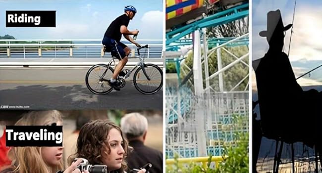Multi-panel activity collage showing outdoor sports: mountain climbing, amusement park ride, cycling, photography, and fishing silhouette.