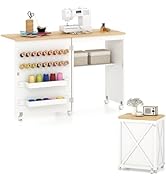 Giantex Folding Sewing Table - Farmhouse Sewing Machine Cabinet with Barn Door, 18 Pegs, 2 Storag...