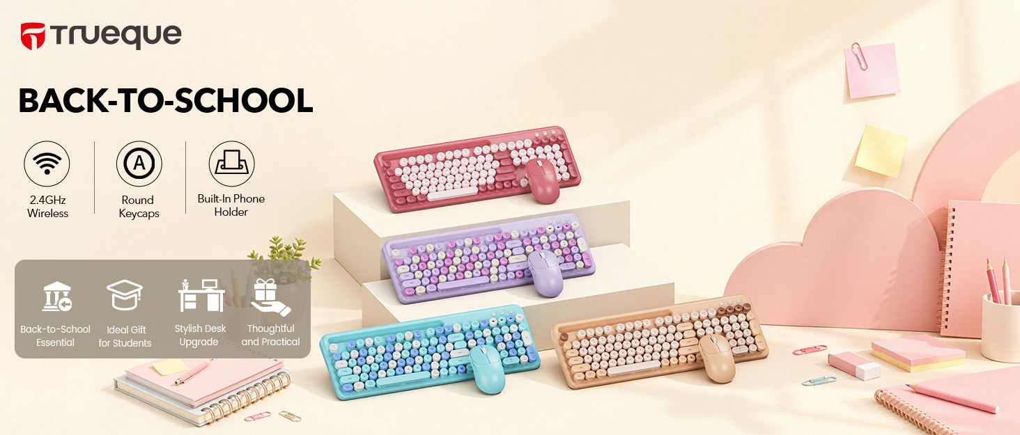 Colorful round-key keyboard and mouse combos displayed in a pastel back-to-school desk setup.