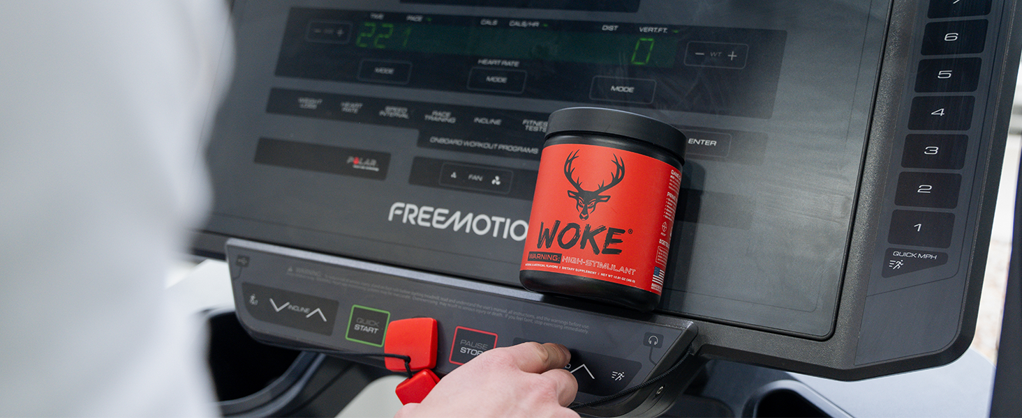 Bucked Up Woke Pre-Workout on a treadmill being used by a man