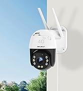 White outdoor wireless security camera with dual lens array mounted on white wall bracket. Spherical camera head with multiple dark sensor ports; visible night vision capability. PTZ surveillance camera for exterior monitoring.