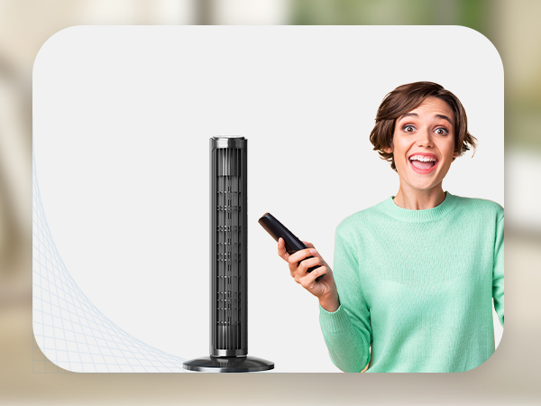woman holding a remote to control the fan