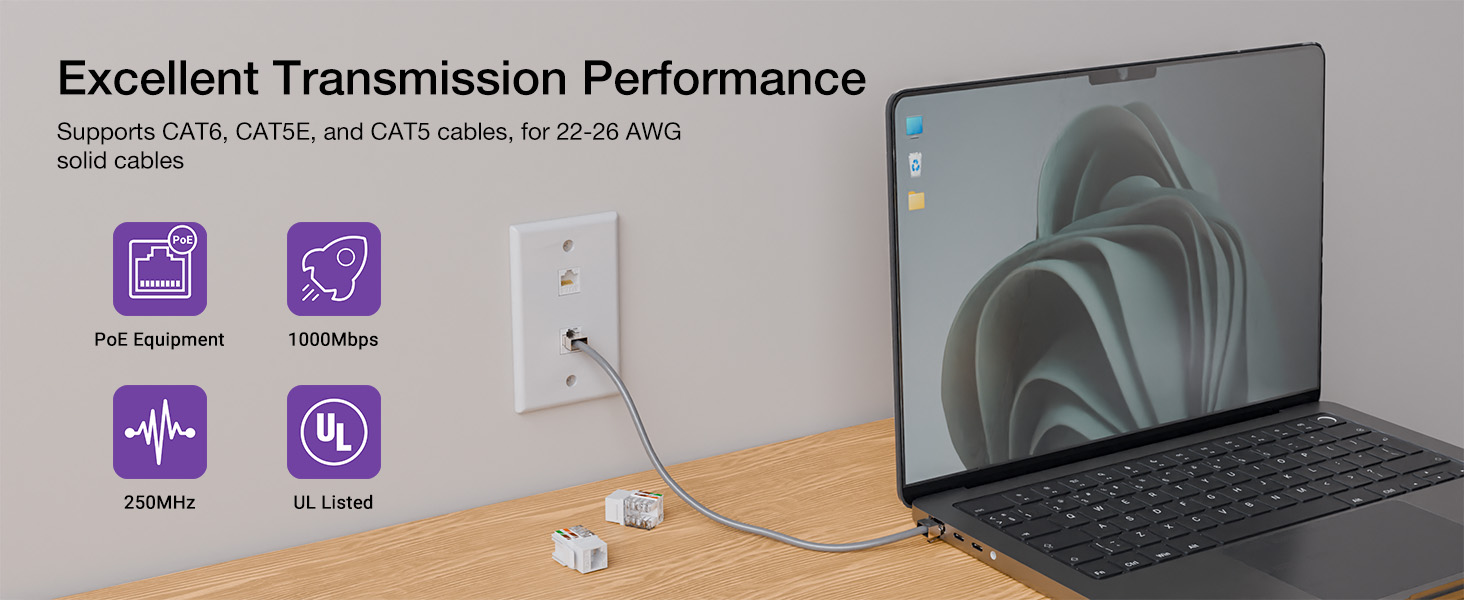 keyston jacks support PoE, cat6 cat5e cat5 cables for 22-26AWG soild cables