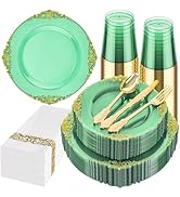 Hioasis 175pcs Clear Green Plastic Plates - Elegant Disposable Dinnerware Set Suitable for 25 Gue...