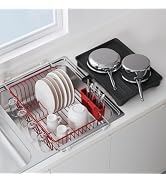 JASIWAY Red Dish Drying Rack in Sink, Expandable Stainless Steel Dish Drainers with Drainboard fo...