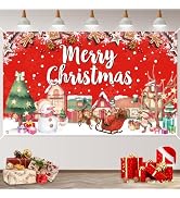 Christmas Banner Large, Merry Christmas Banners Decoration, Red Santa Sleigh Gingerbread Christma...