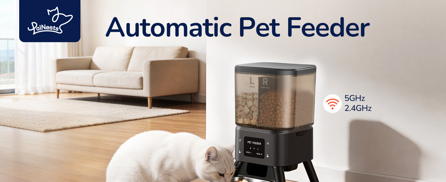 Text reads 'Automatic Pet Feeder'. Product images showing white automatic pet feeding device in various angles within home setting.
