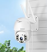 White outdoor PTZ security camera mounted on wall bracket against light blue sky and white siding, featuring dual LED ring lights and dome design for surveillance.