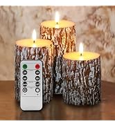Eywamage Brown Pine Bark Flameless Pillar Candles with Remote, Farmhouse Battery Operated LED Woo...