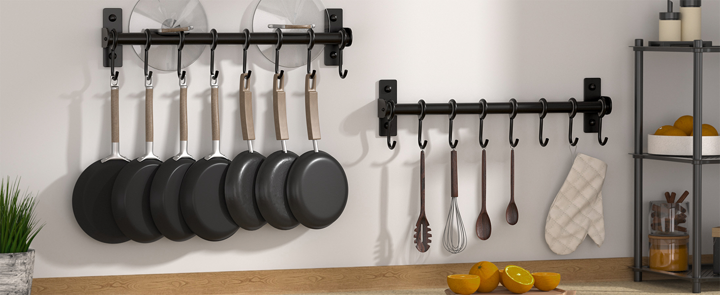 Dseap Kitchen Utensil Holder Hanger, Pot and Pan Rack wall mounted with 8 Hooks