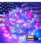 JMEXSUSS 200 LED Red White and Blue Lights Plug in,66Ft Connectable Patriotic Lights Clear Wire w...