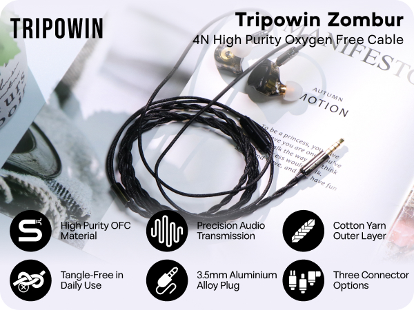 Linsoul Tripowin Zombur 4N High Purity OFC Oxygen Free Cable HiFi IEM Cable with Microphone