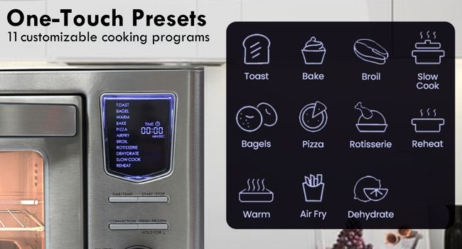 Closeup of digital display and icons labeled with 11 one-touch preset cooking functions