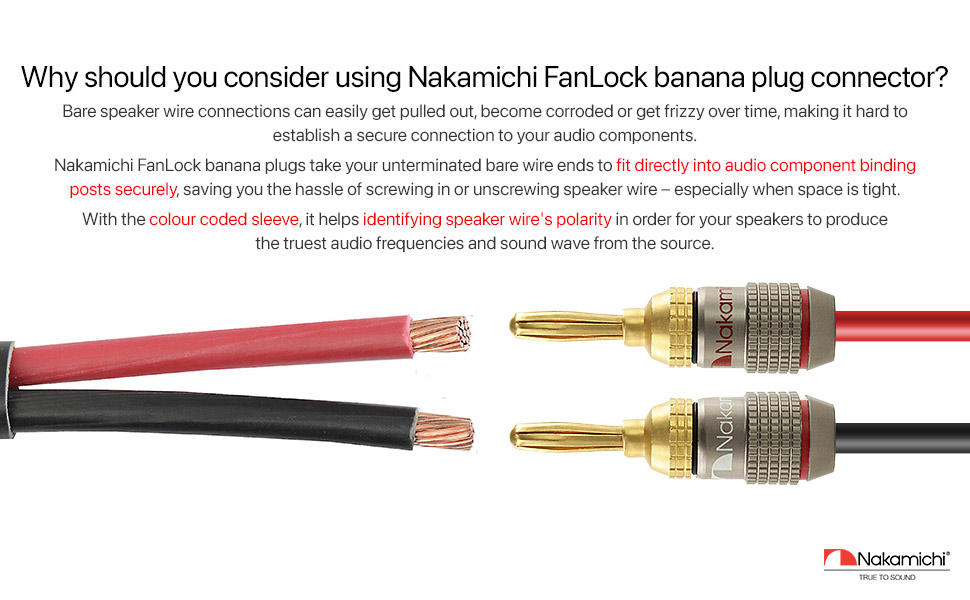 Nakamichi FanLock banana plug audio connector with color-coded sleeves, showing detailed connection components and gold-plated terminals.