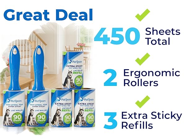 PetLovers lint roller set with 2 handles and 3 refills, 450 sheets total.