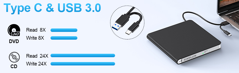 External optical drive with Type C & USB 3.0 connectivity, showing read/write speed specifications and connection options.