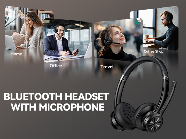 Wireless headset promotional image showing product use in multiple settings: home, office, travel, and coffee shop, with text 'BLUETOOTH HEADSET WITH MICROPHONE'.